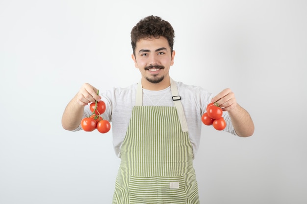 Giovane che tiene i pomodori freschi con la mano e sorride alla macchina fotografica.