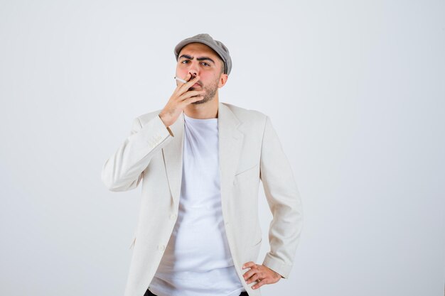 Young man holding hands on waist while smoking in white t-shirt, jacket and gray cap and looking angry