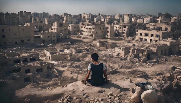 Foto gratuita un giovane è seduto sulle rovine di una vecchia città