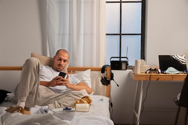 Young man in  isolation at home