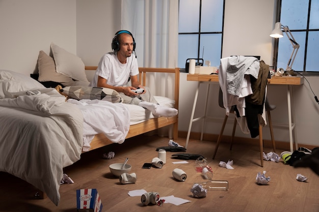 Young man in  isolation at home