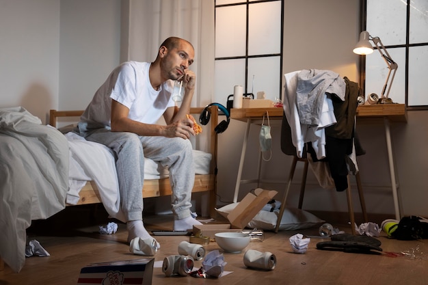 Young man in  isolation at home