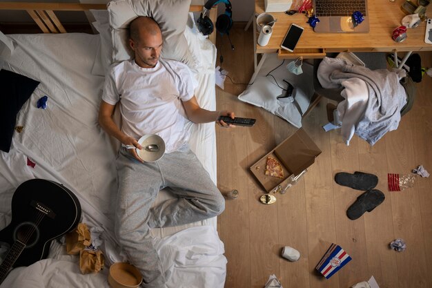 Young man in  isolation at home