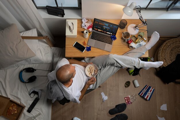 Young man in  isolation at home