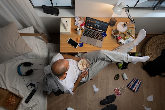 Young man in  isolation at home