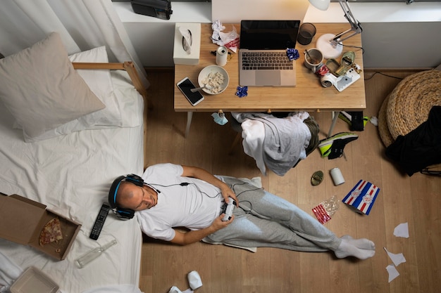 Young man in  isolation at home