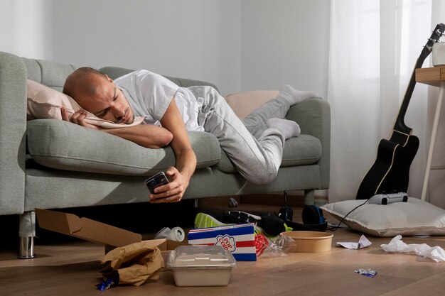 Young man in  isolation at home