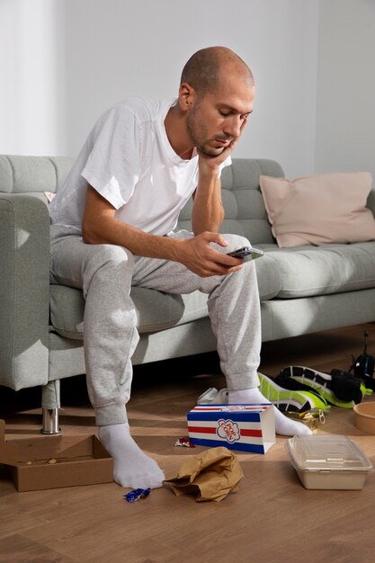 Young man in  isolation at home