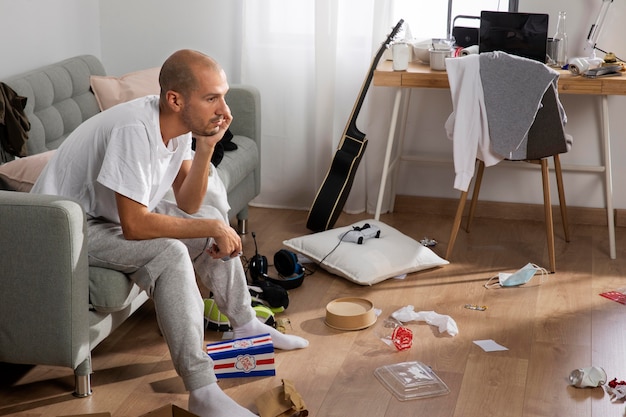 Young man in  isolation at home