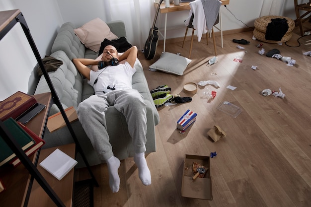 Young man in  isolation at home