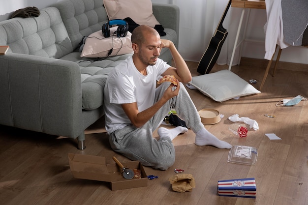 Young man in  isolation at home