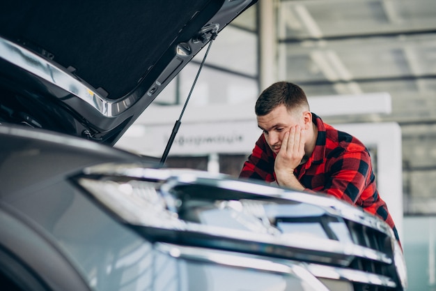 Young man making diagnostics of the vehicle