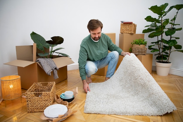 Young man moving in new home