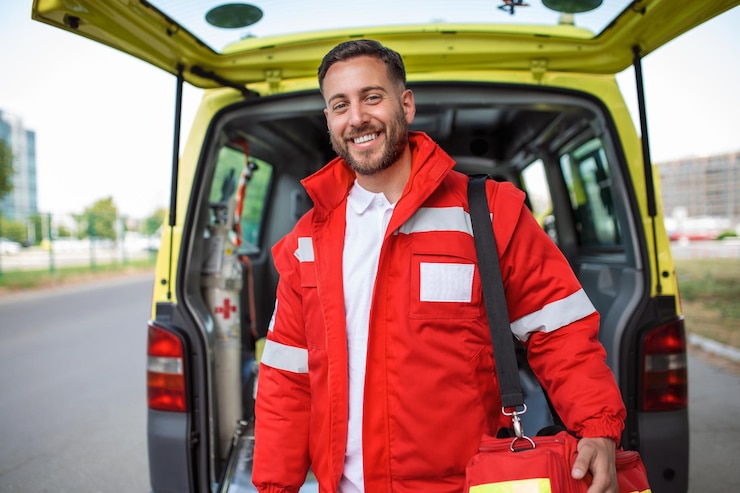 Free Photo young man a paramedic standing at the rear of an ambulance by the open doors he is looking at the camera with a confident expression smiling carrying a medical trauma bag on his shoulder