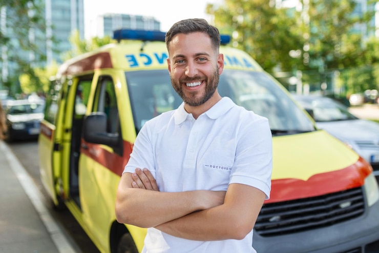 Free Photo young man a paramedic standing at the rear of an ambulance by the open doors he is looking at the camera with a confident expression smiling