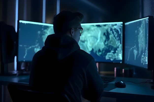 어두운 방에서 밤에 컴퓨터 게임을 하는 젊은 남자