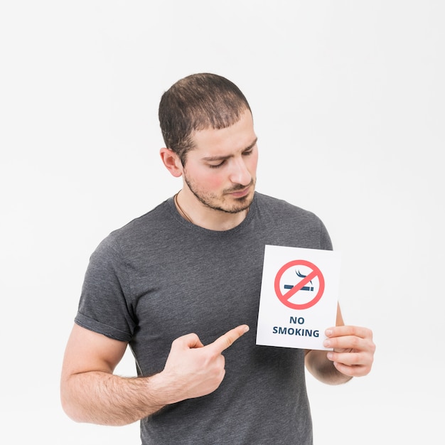 Young man pointing her finger toward no smoking sign isolated on white backdrop