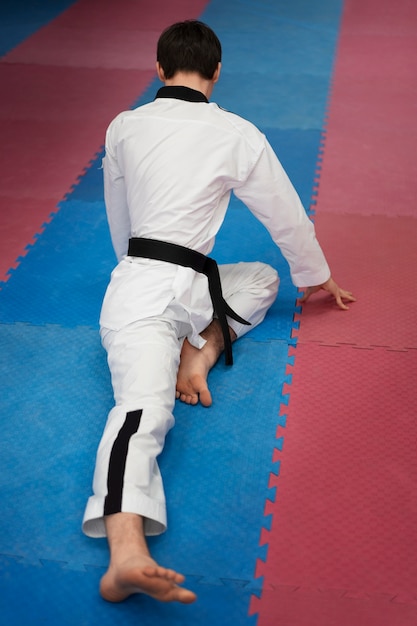 Free photo young man practicing taekwondo in a gymnasium