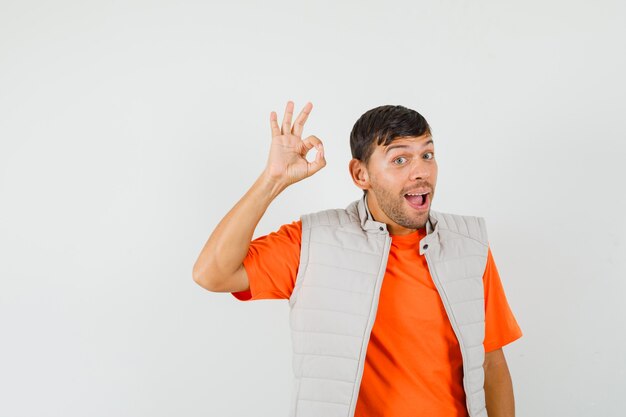 Young man showing ok gesture in t-shirt, jacket and looking happy.