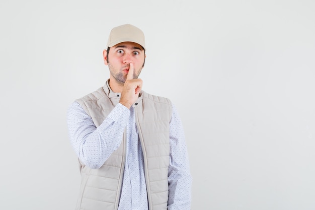 Young man showing silence gesture in shirt,sleeveless jacket,cap and looking serious , front view.