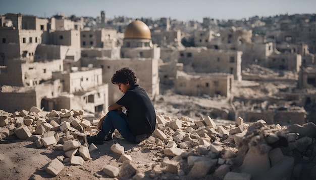 Free photo a young man sits on the ruins of the old city of jerusalem