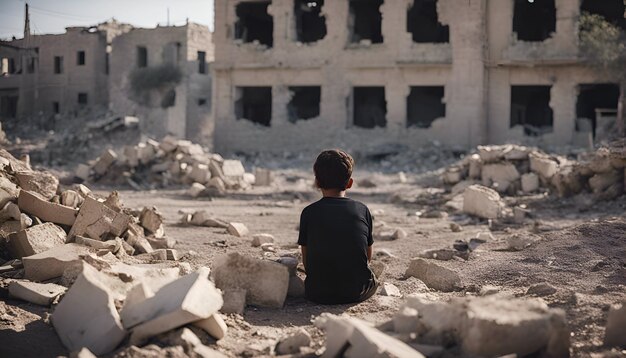 Young man sitting on the ruins of an old house in the desert