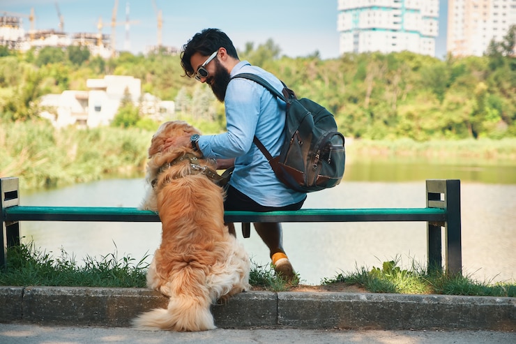 無料Photo 公園の椅子に彼の犬と一緒に座っている若い男