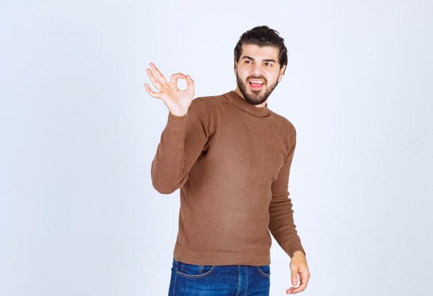 大丈夫ジェスチャーを示す茶色のセーターに立っている若い男。高品質の写真