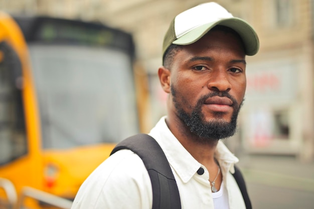 Young man in a tram station