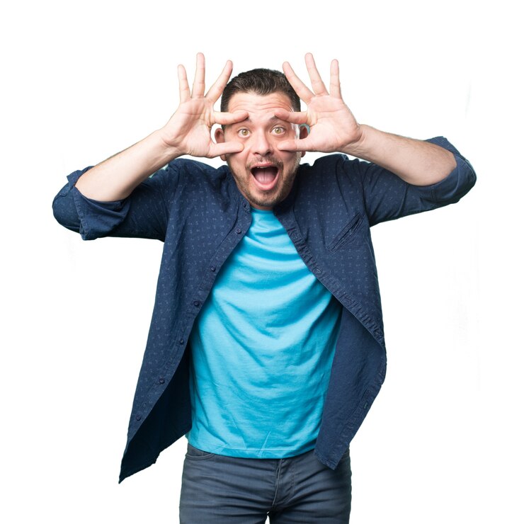 Free Photo young man wearing a blue outfit. looking funny.