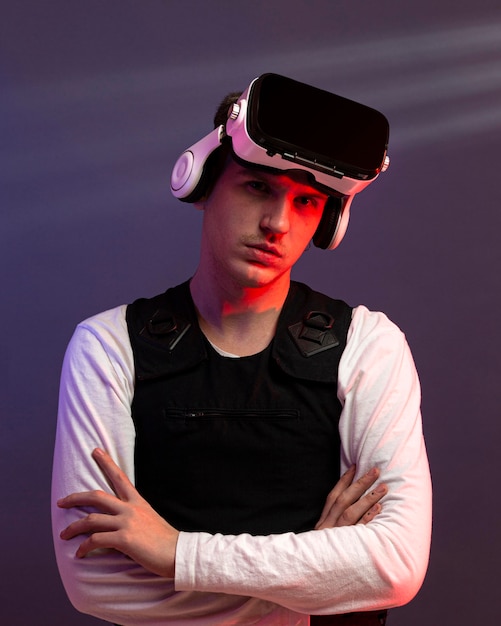 Young man wearing virtual reality goggles