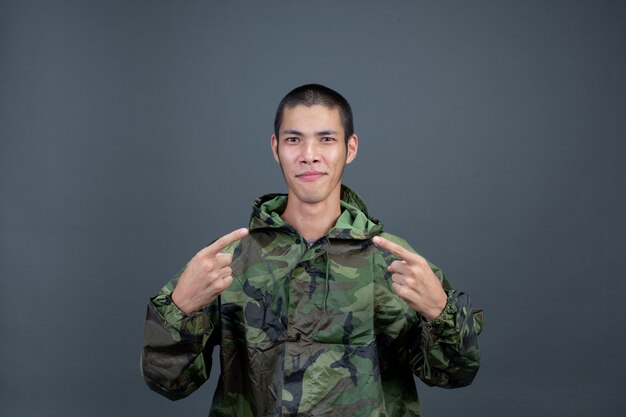 The young man wears a camouflage raincoat and shows different gestures. 