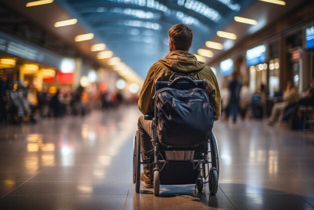 Молодой человек с ограниченной подвижностью свободно движется по терминалу аэропорта взрослый мужчина