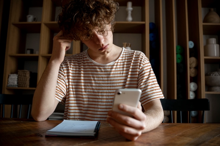 Free Photo young man writing something on a notebook while looking at his smartphone
