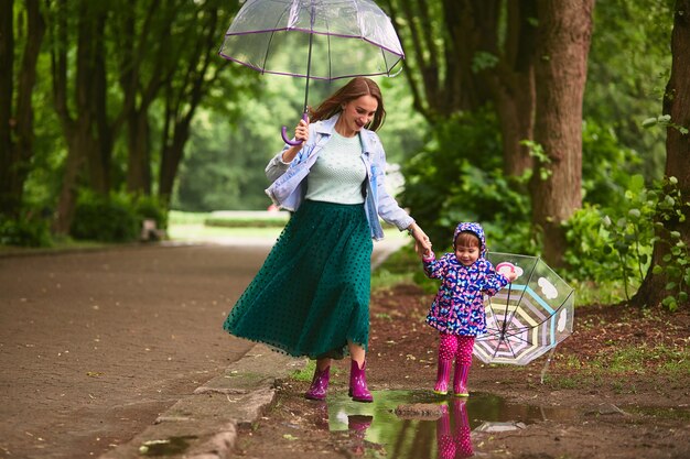 Young mom and little daugther have fun walking with umbrellas on the pools after the rain