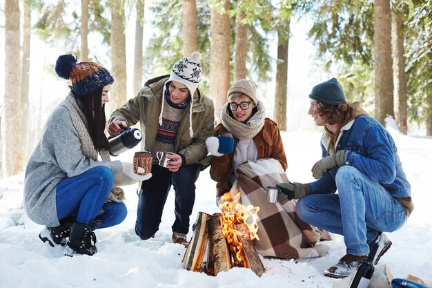 Young People Camping in Winter Forest