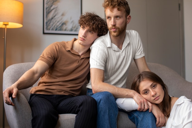 Young people in polyamory relationship front view