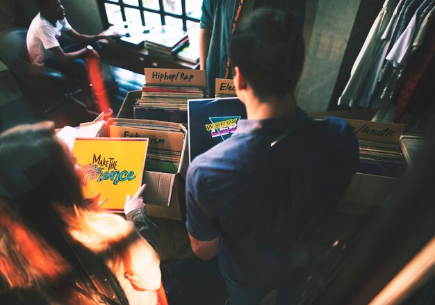 Young people in a record shop