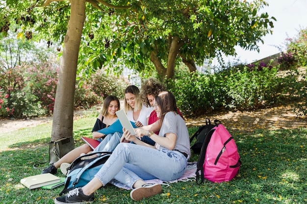 Young people studying in park 