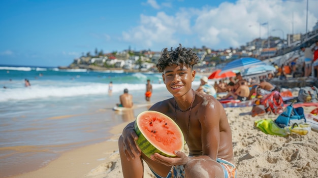 Free photo young people with fresh watermelon