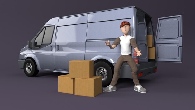 Молодой человек доставляет посылку на фургоне
