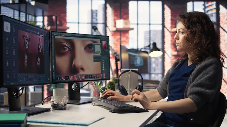 Free Photo young photographer editing photos on a modern pc setup in agency office