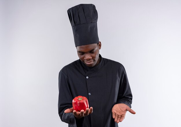 Young pleased afro-american cook in chef uniform holds and looks at red pepper on white  with copy space