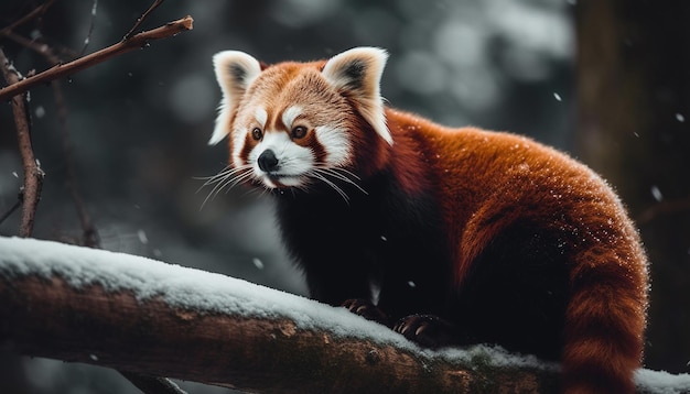 Free photo young red panda sitting on snowy branch generated by ai