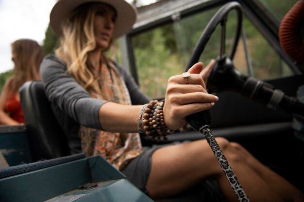 Young rural travellers driving through the country side