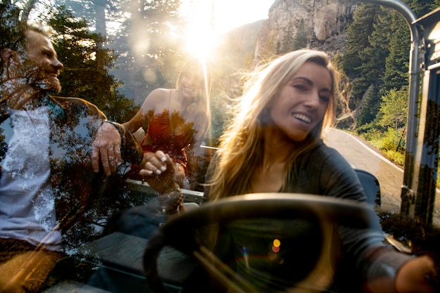 Young rural travellers driving through the country side