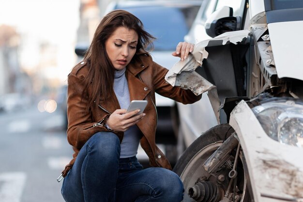 Молодая грустная женщина обменивается текстовыми сообщениями на смарт после автокатастрофы на дороге