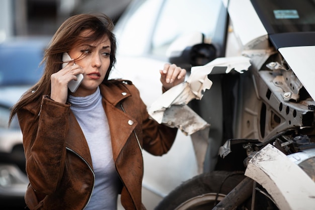 Бесплатное фото Молодая грустная женщина пользуется мобильным телефоном и зовет на помощь, глядя на свою разбитую машину