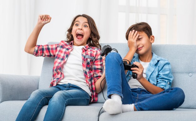 Young siblings playing with joystick