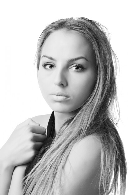 Young slim woman wearing bra on white background